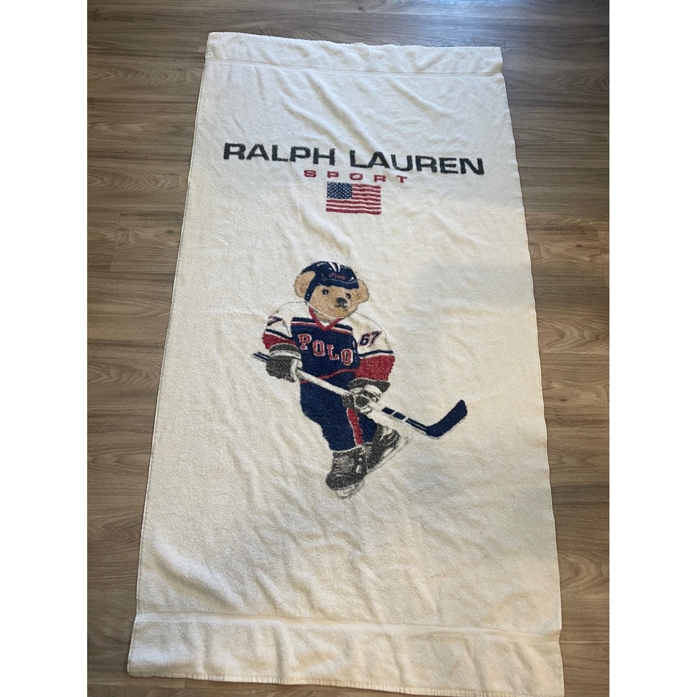 Vintage Ralph Lauren Rare Ice Hockey Bear Beach Towel Sporty Preppy 90s